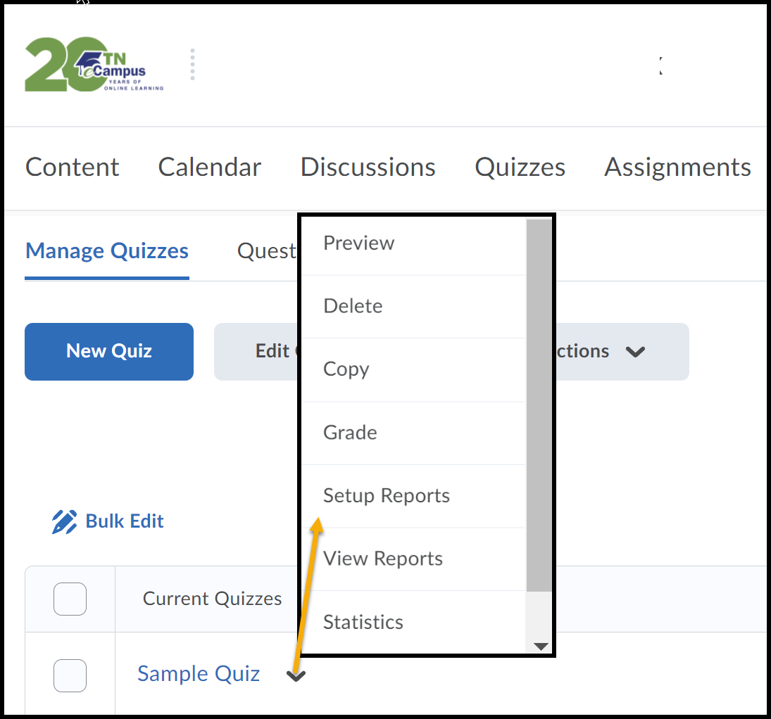 Quiz context menu expanded to Setup Reports