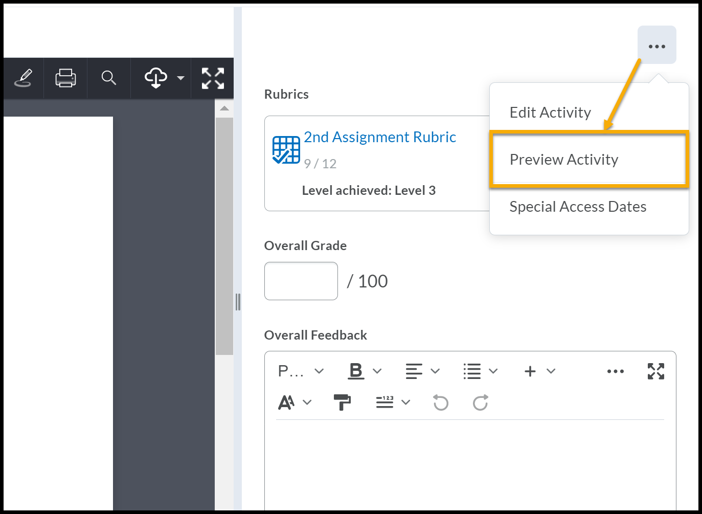 Arrow pointing from the context menu expands to reveal Preview Assignment.