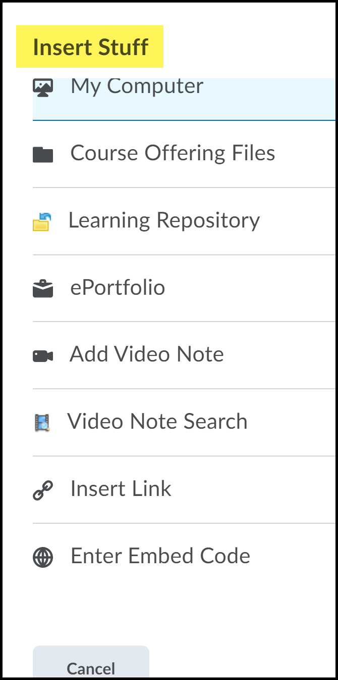 Menu options include My Computer, Course Offering Files, Add Video Note, Insert Link and Enter Embed Code.
