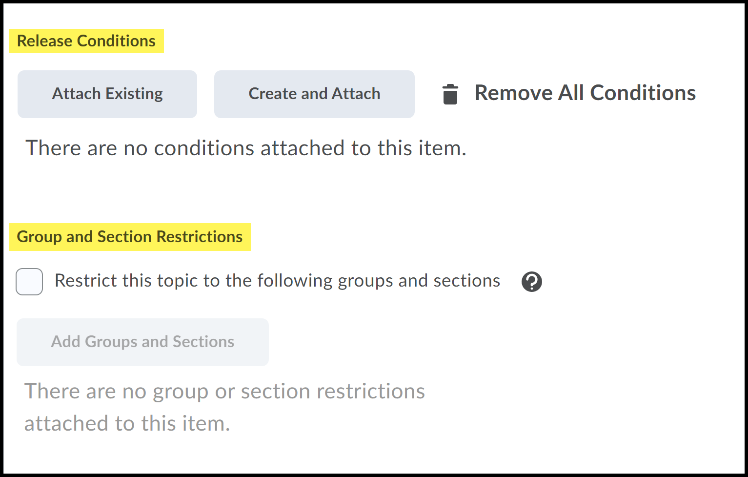 Restrictions tab highlighted. Segment topics, Release Conditions and Group and Section Restriction highlighted on the page.