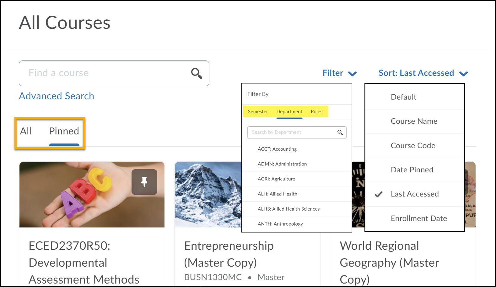My Courses shown as tiled images for each course. There is a pin symbol to choose or a View All Courses button that leads to a search box for long lists.