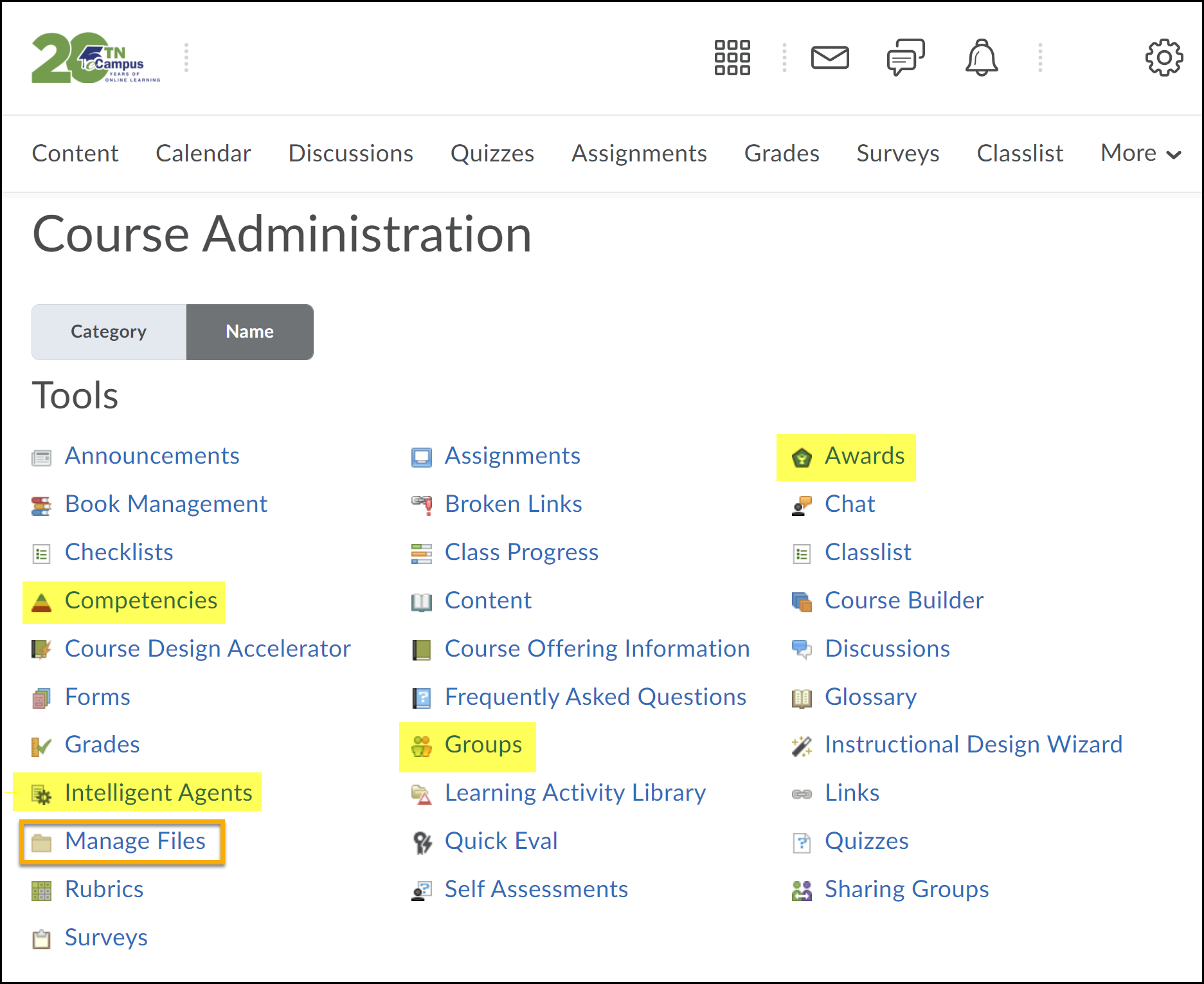 Managed Files, Competencies, Groups, Awards, Intellegent Agents are highlighted.