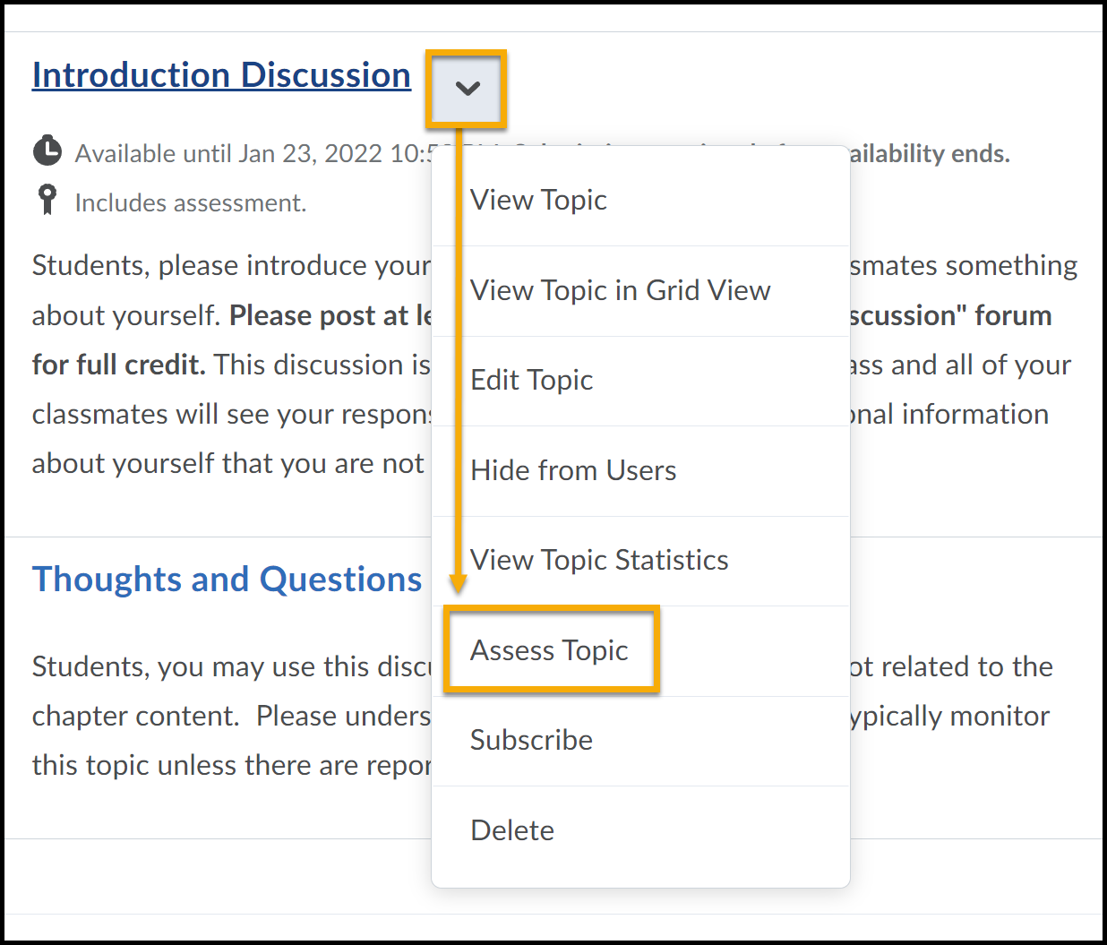 Sample discussion context menu expanded to Assess Topic.