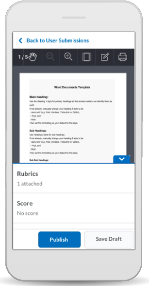 Pulse pictured on a smartphone screen. User submission is partially viewable. Rubric and score are tucked under the submission.