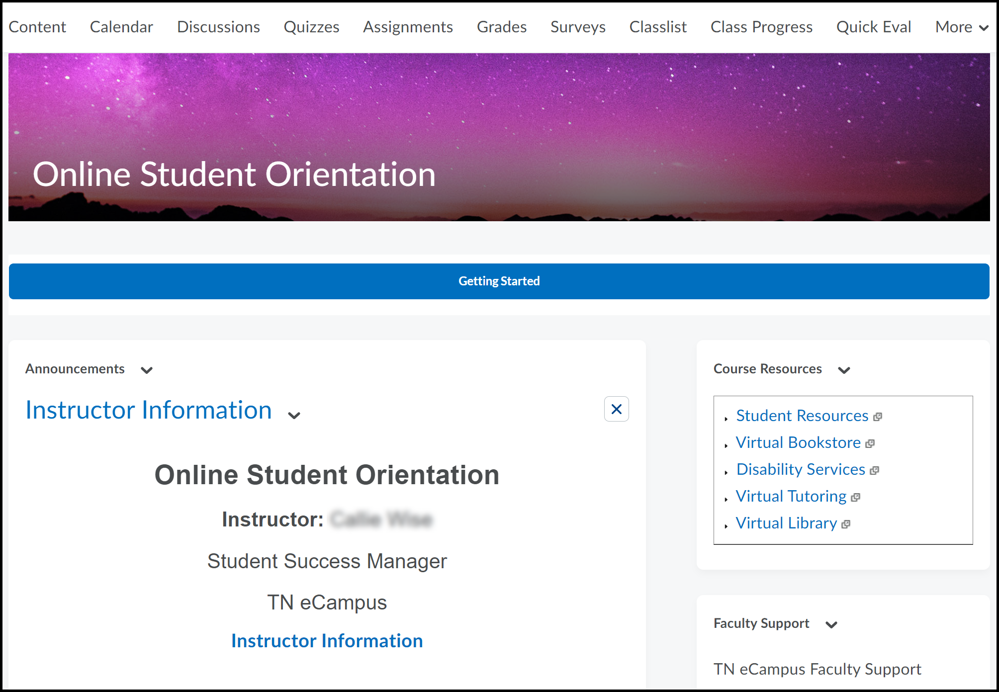 Instructor information link highlighted from homepage under Announcements.