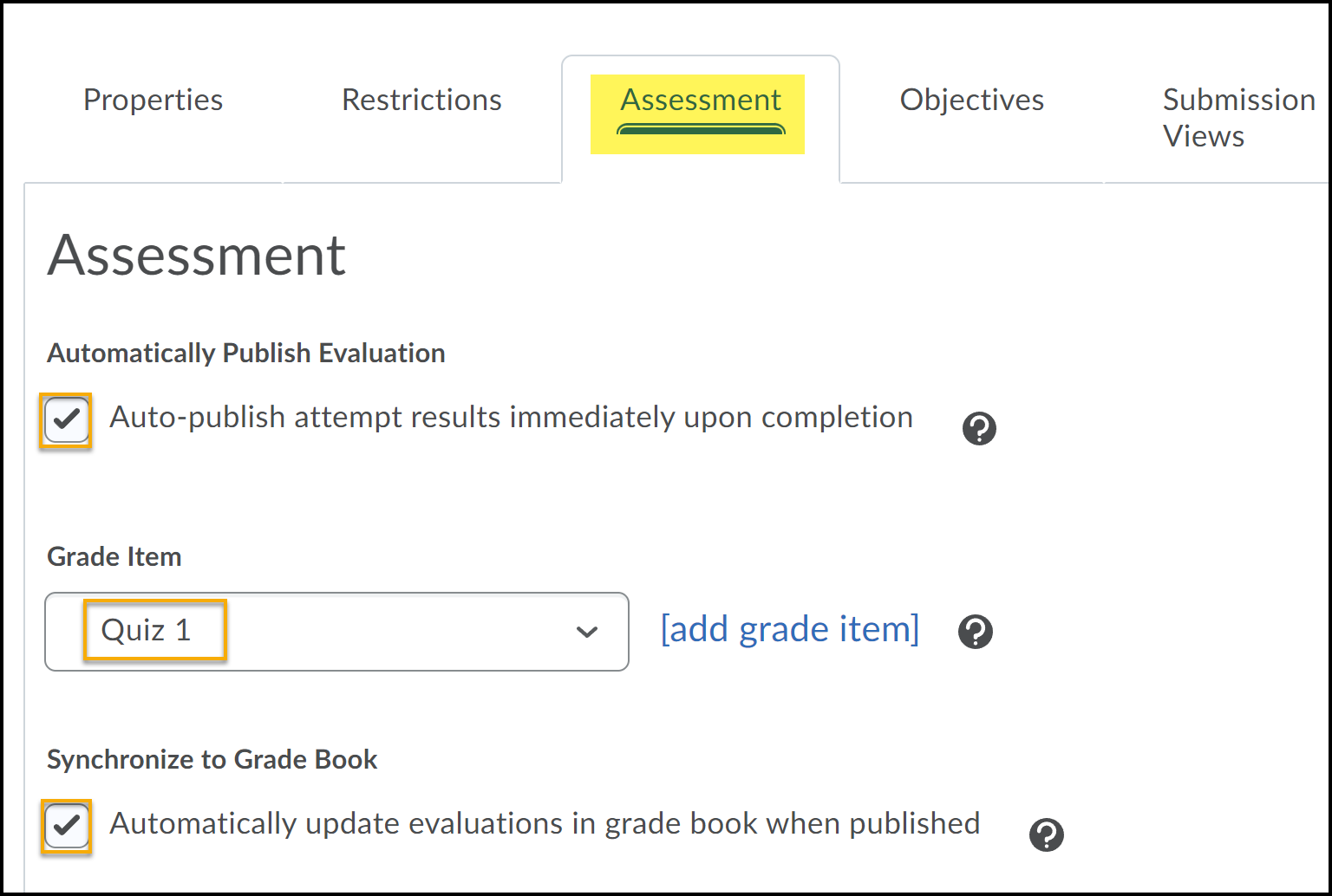Assessment tab highlighted on the Edit Quiz page.  Grade item drop down menu and the auto export to grades checkboxes highlighted.  Automatic grade checkbox that allows the attempt to be graded immediately.