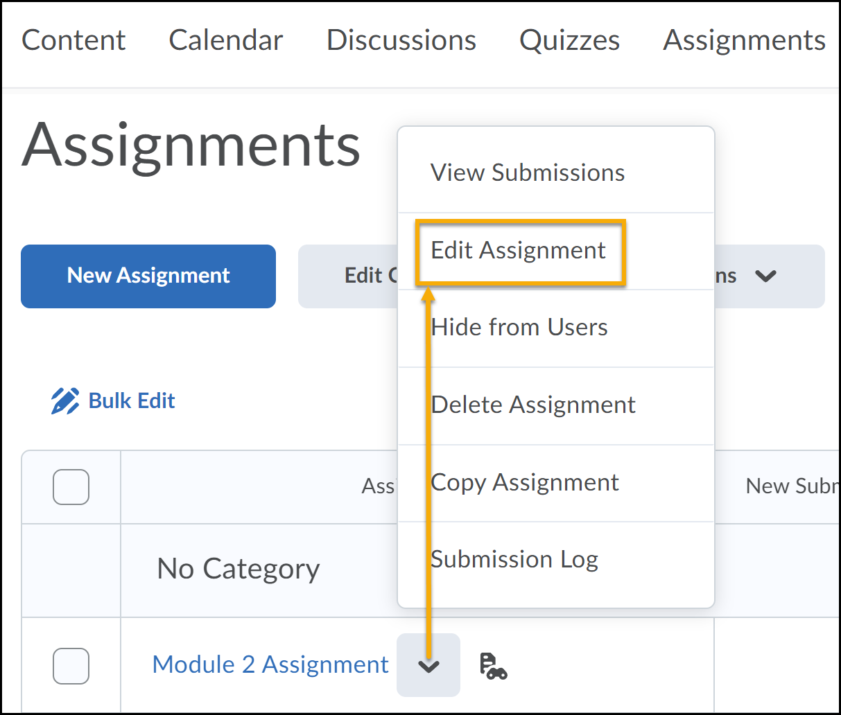 Assignments on the navbar highlighted. Menu and Edit Submission Folder highlighted.