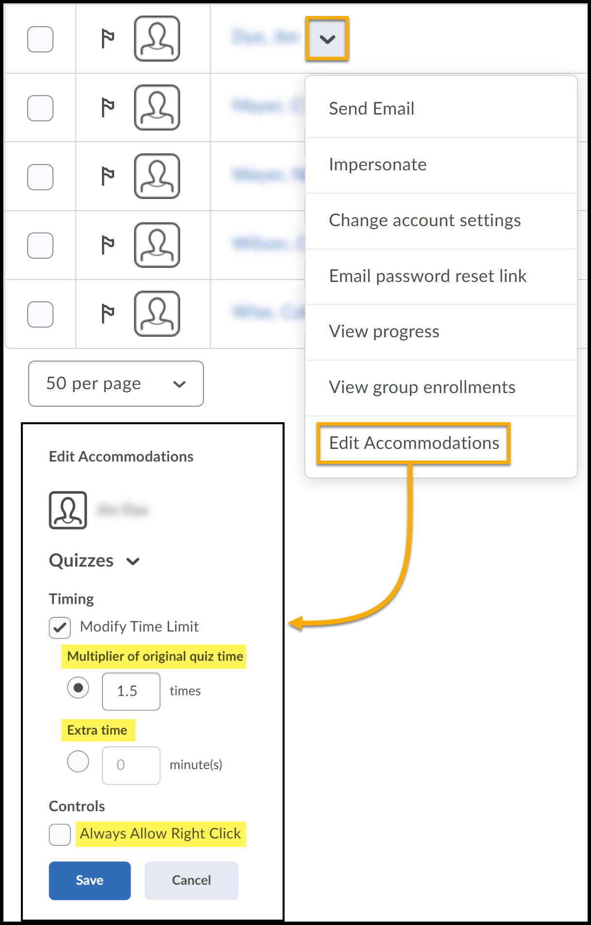 User Account menu expanded to Edit Accommodation. Multiplier set to 1.5. Extra Tiime an option listed.