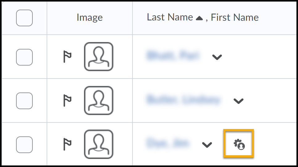 User list with one student with accommodation/settings icon highlighted.