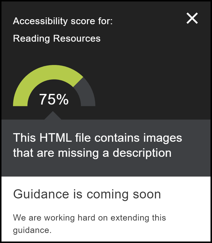 Accessibility score of 75% for HTML file. Guidance is coming soon.