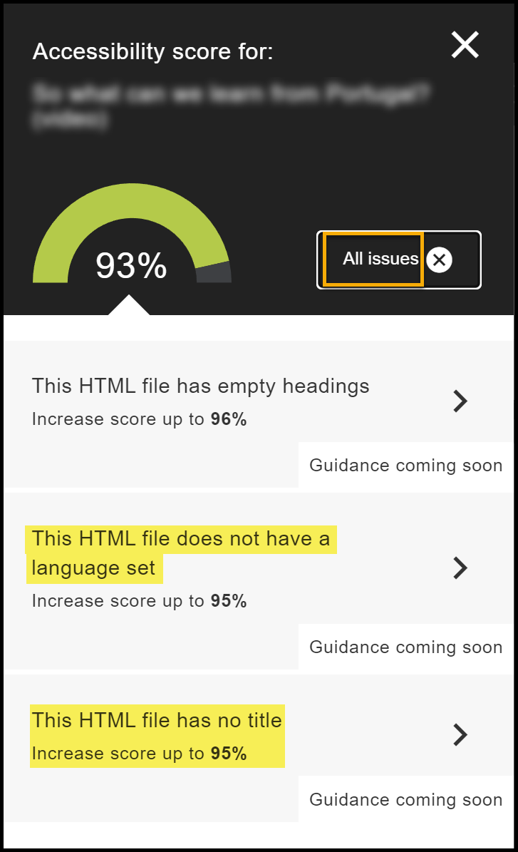 The HTML files are 93% accessible. Errors listed for Empty Heading, Language not Set, and No Title.