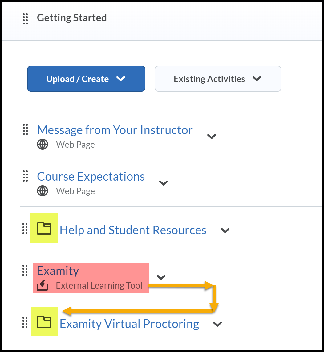 Getting Started module expanded from Table of Contents. A submodule and External Learning Tool are highlighted as a warning to widget impact. Arrows pointing to moving ELT to submodule folder.