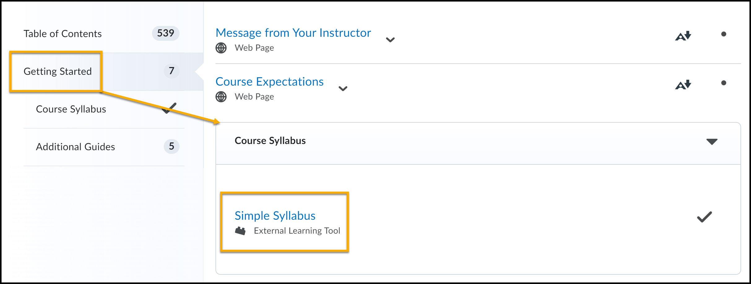 TOC open to reveal Getting Started module. Arrow pointing to syllabus submodule.