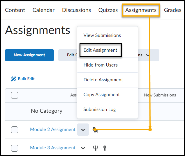 Module 2 Assignment context menu expanded to Edit Assignment.