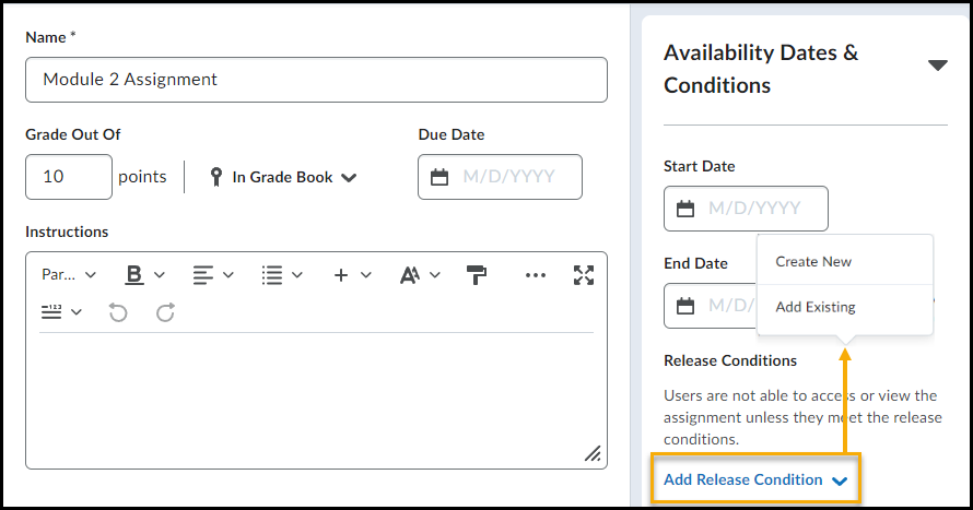 Release Conditions highlighted from the Availability Dates and Conditions window.