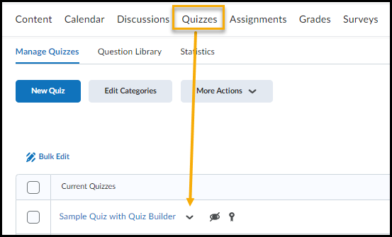 Quizzes highlighted from the NavBar to a sample.