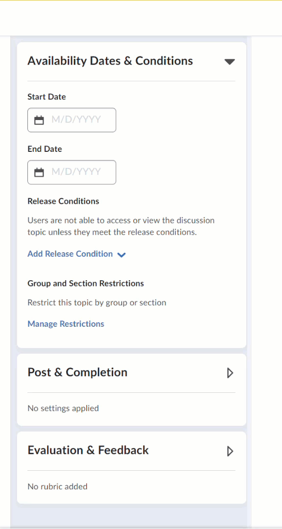 Animated tour of Availability Dates&Conditions, Post&Completion, and Evaluation&Feedback. Also described in the text.