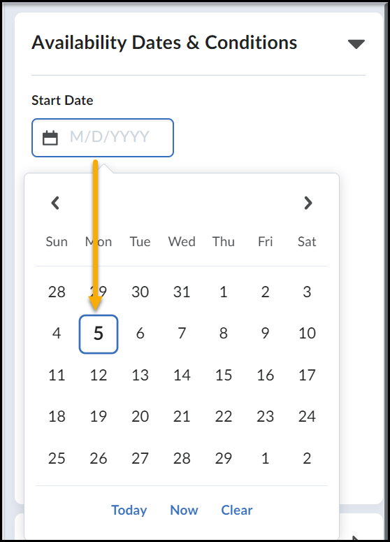 Start Date selected. Calendar page opens to the current date.