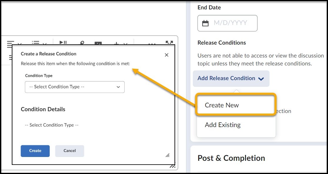 Create New Release Condition selected and expanded to the menu choices.