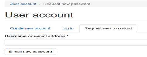 Screen image of User Account section in the Request New Password tab. Field open for Username or Email Address. Button to choose to Email New Password.