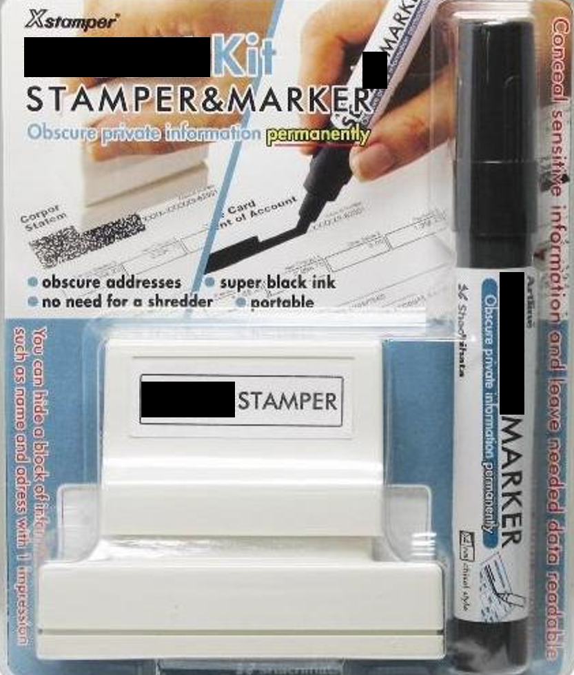 Image of a commercial marker and stamper redaction product kit. (Brand redacted to restrict endorsement)