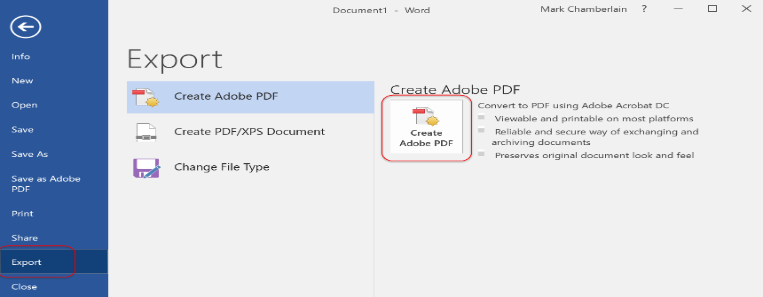Screencast of image MS Word Export Menu. Export and Create Adobe PDF have red box drawn around.