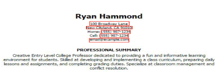 Sample resume for Ryan Hammond. Address, phone and email address information has been selected in red awaiting redaction.