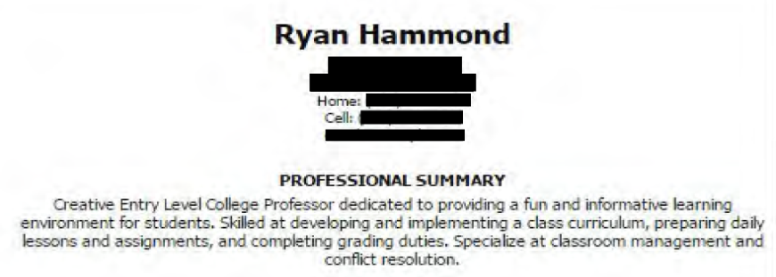 Sample resume for Ryan Hammond. Address, phone and email address information has been blacked out or redacted.