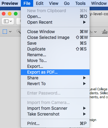 Screencast image of the Preview File menu opened to Export as PDF to save a copy.