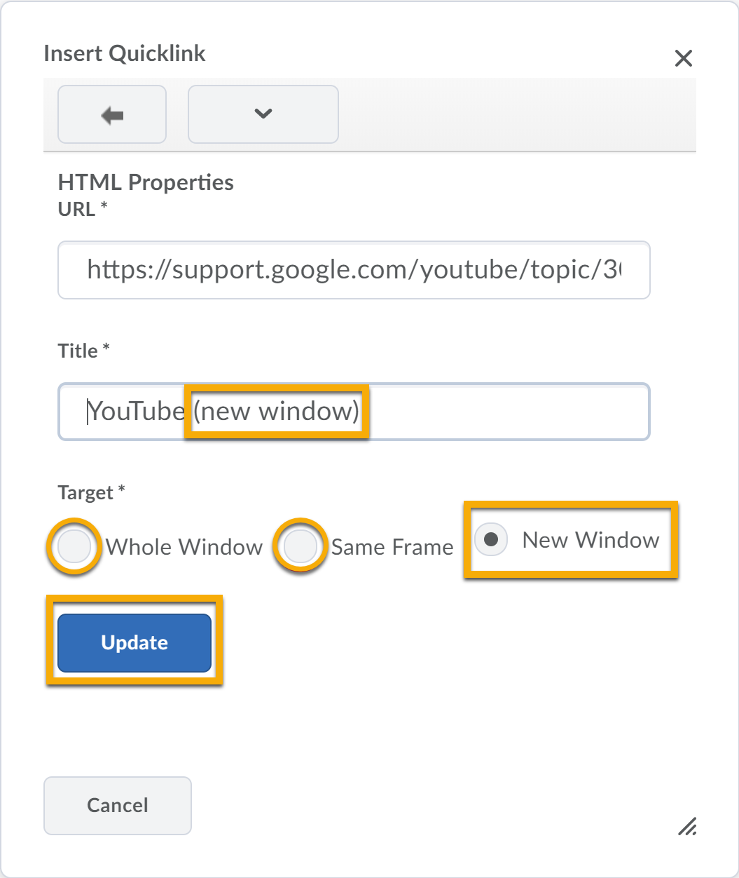 Quicklink information populated in URL and Title. Radio buttons for Whole Window, Same Frame and New Window highlighted. Choosing New Window in this example with Update button highlighted.
