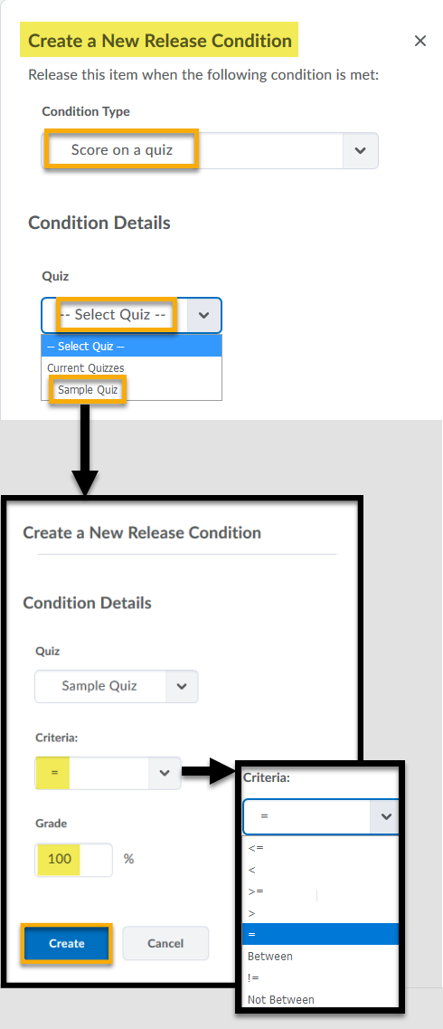 Score on a Quiz, Select Quiz Sample Quiz all highlighted. Arrow point toward Create a New Release Condition page expanded. Criteria menu expanded with arrow pointing to show other symbol choices that include: <=, <, >=, >, =, Between, != and Not Between. Grade set to 100. Create button highlighted.
