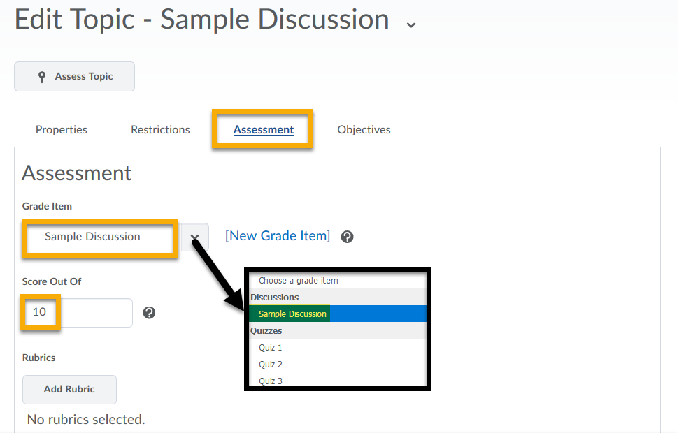 Expanded grade item with arrow pointing toward the menu on the Assessment tab. Score Out Of highlighted.