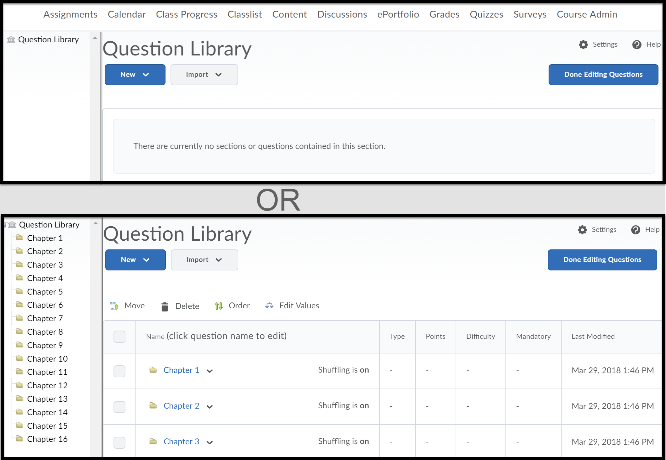 Two images:   New  Question library with no folders displayed or a Question Library with folders listed.