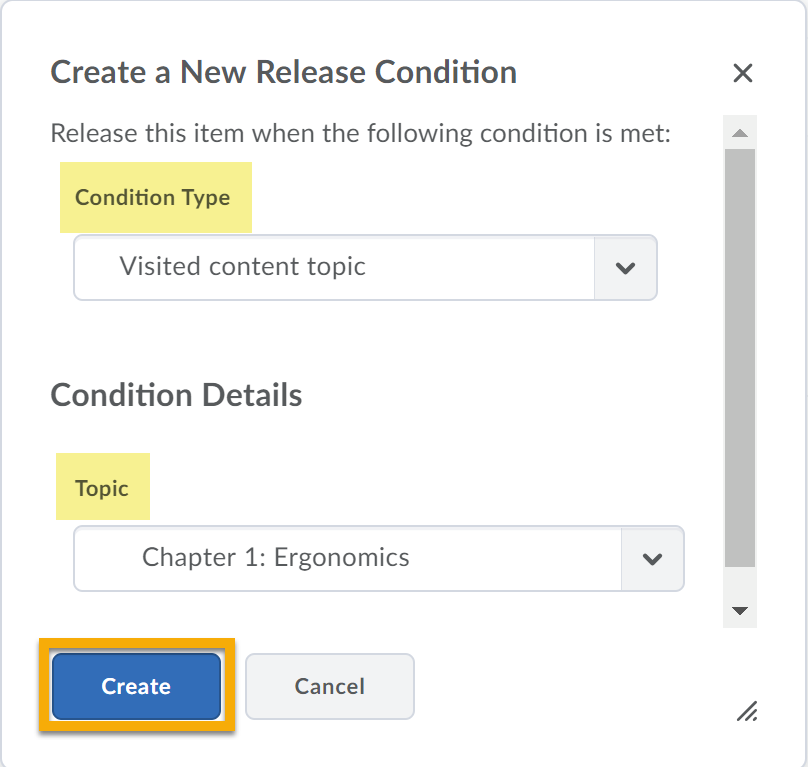 Condition Type, Topic menus and Create button highlighted.