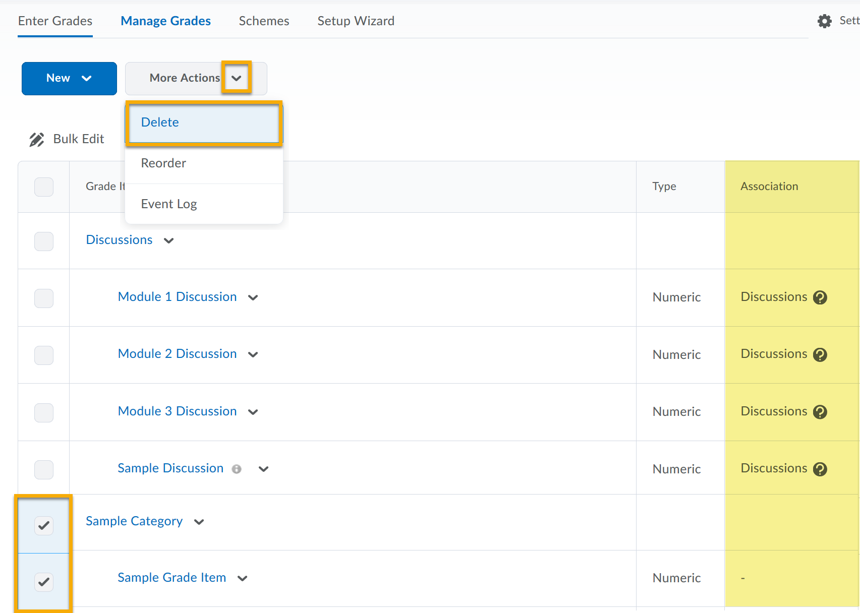 Manage grades in the gradebook page. Manage grades page with the association column highlighted. More actions drop down menu expanded to display delete option.