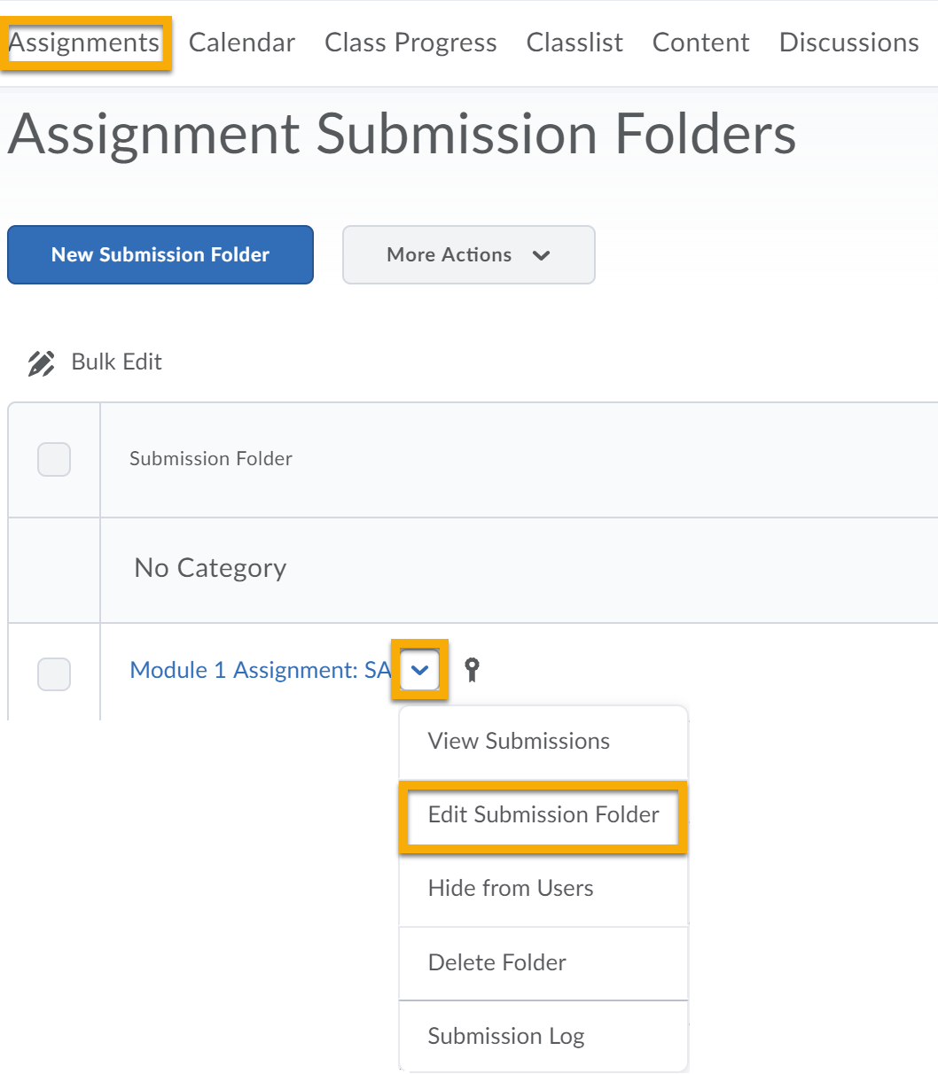 Assignments highlighted on the navbar. Assignment folder context menu expanded to highlight Edit Submission Folder.