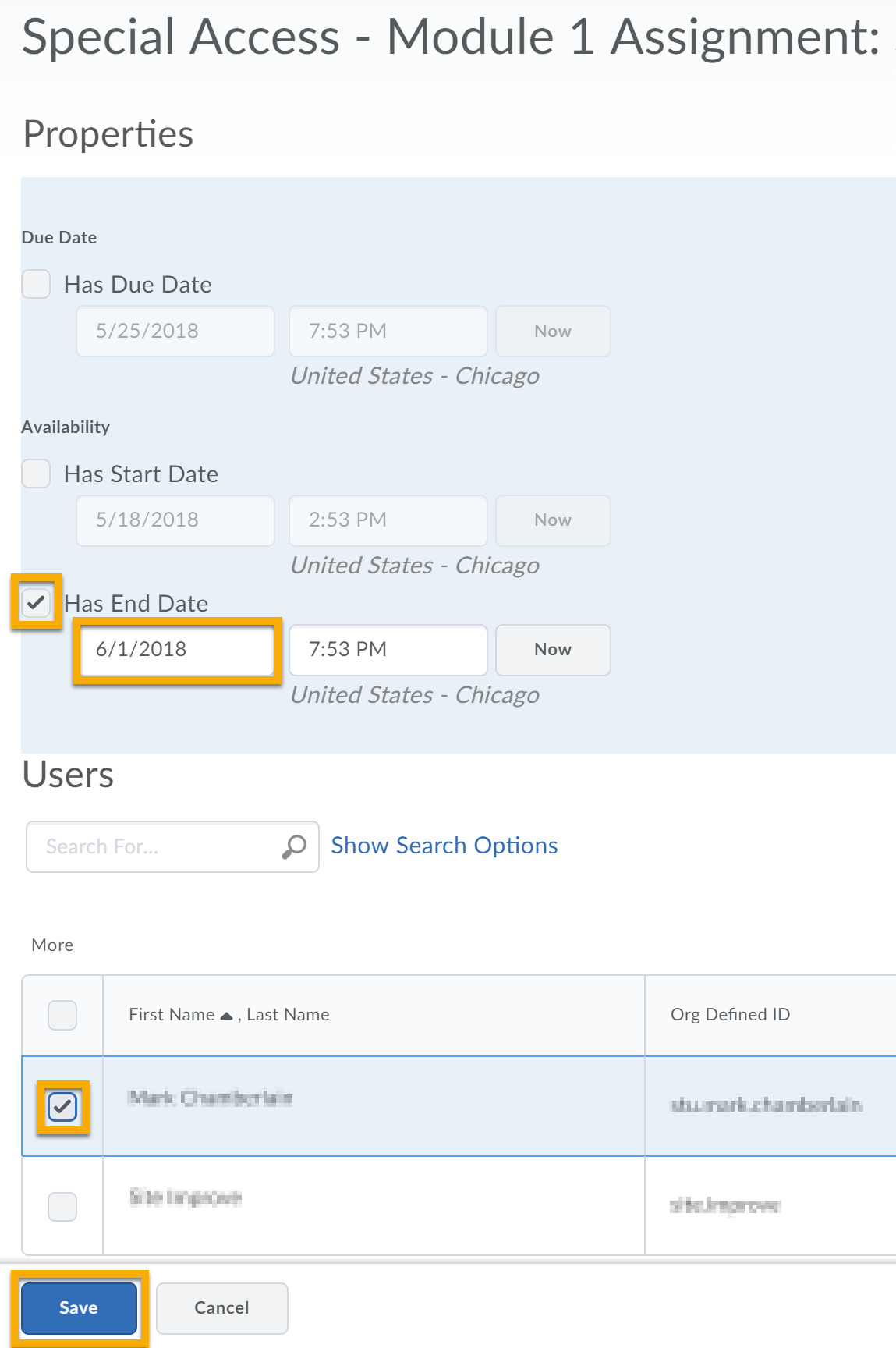 Date availability options for special access with the Has End Date options highlighted. Users list with a student selected and the Save button highlighted.