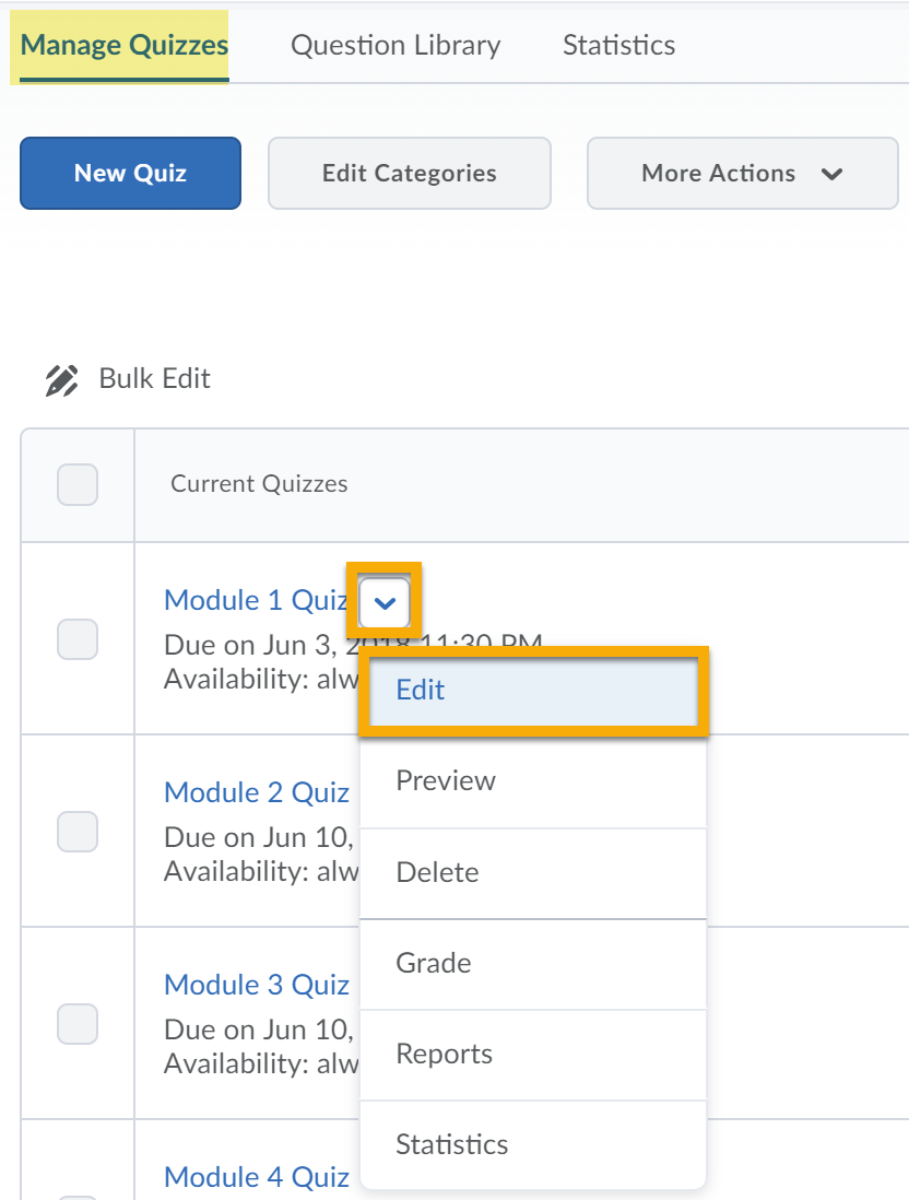 Manage Quizzes highlighted. Quiz context menu expanded to display Edit.