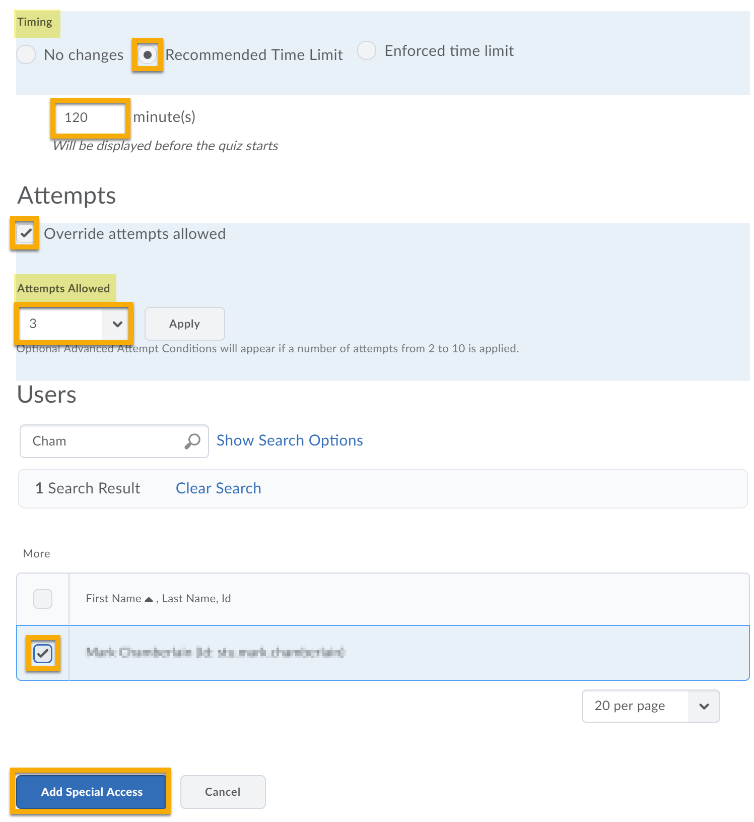 Access options for granting additional time or quiz attempts for a student.  Users list with the student selected and the Add Special Access button highlighted.