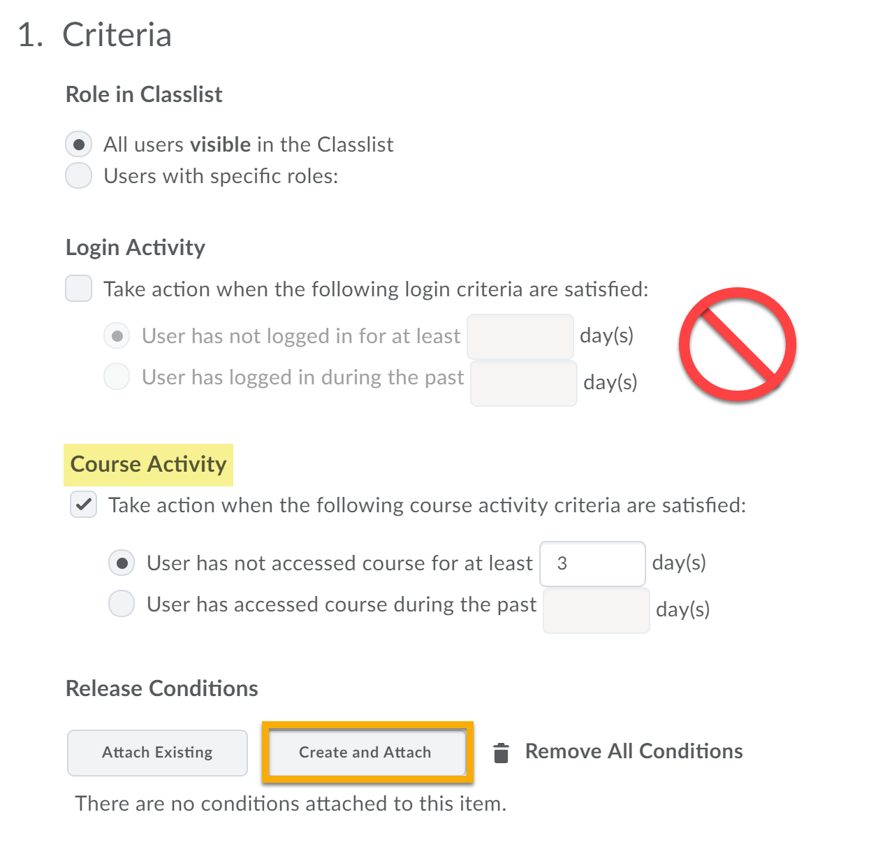 Login Activity has a No symbol to discourage use. Course Activity is highlighted with 3 days as an example. Release Conditions has the Create and Attach button highlighted.