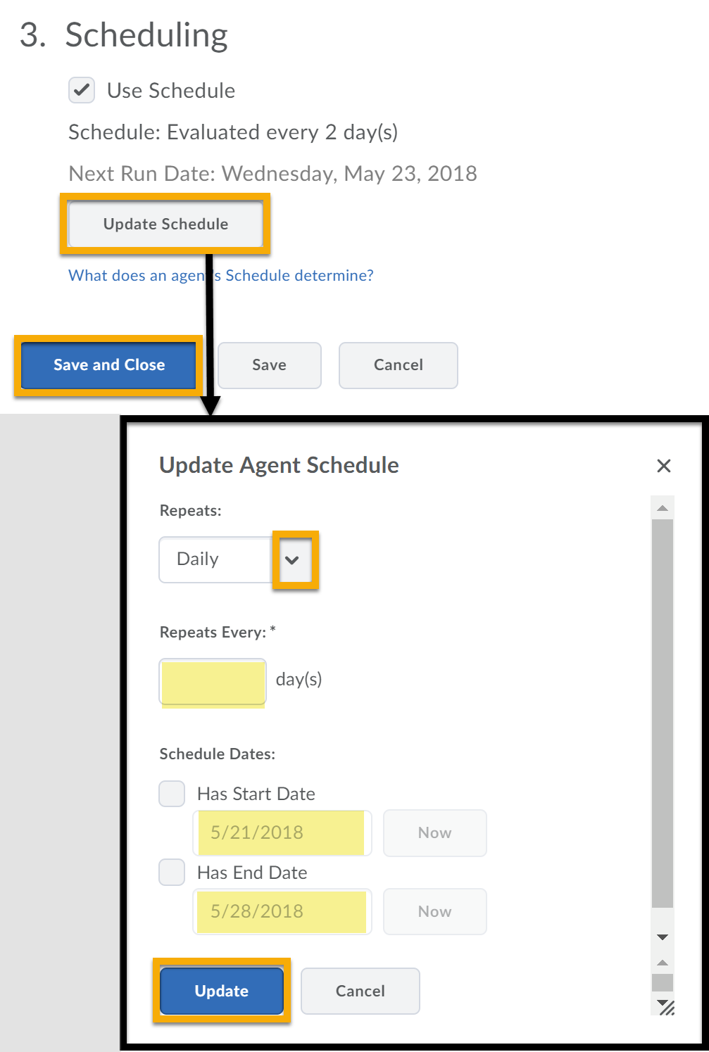 Update Schedule  highlighted with arrow pointing toward Update Agent Schedule window. Settings and Update button highlighted. Save and Close highlighted.