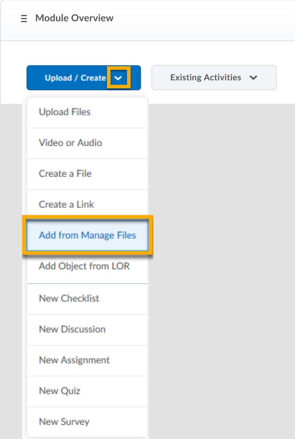 Upload/Create menu expanded to display the Add from Manage Files option. 