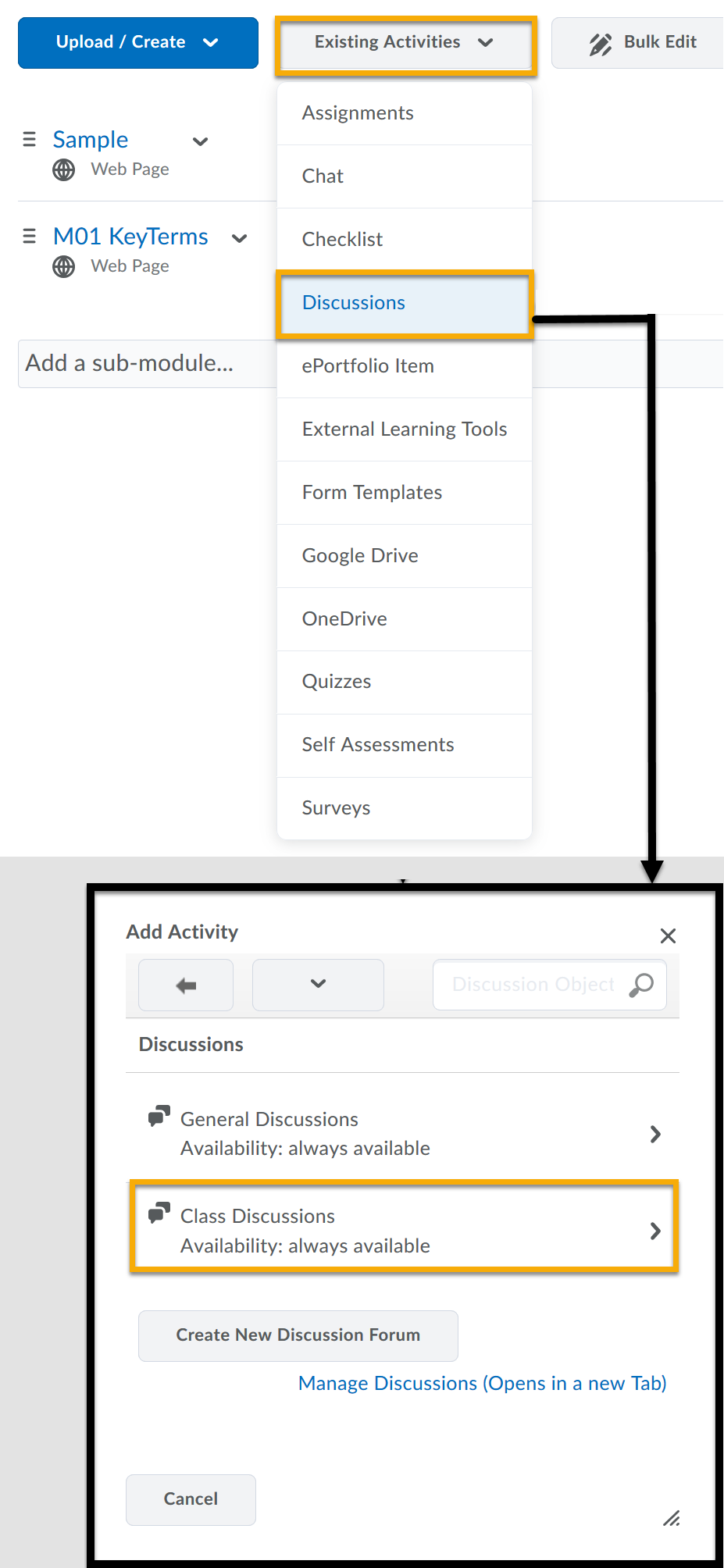 Existing Activities menu expanded to display list of options, including Discussions highlighted. Add activity dialog window with Class Discussions highlighted.